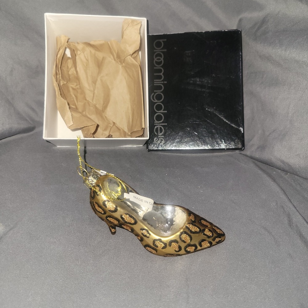 Bloomingdales Leopard High Heel Shoe Ornament Hand Blown Black Gold Glitter